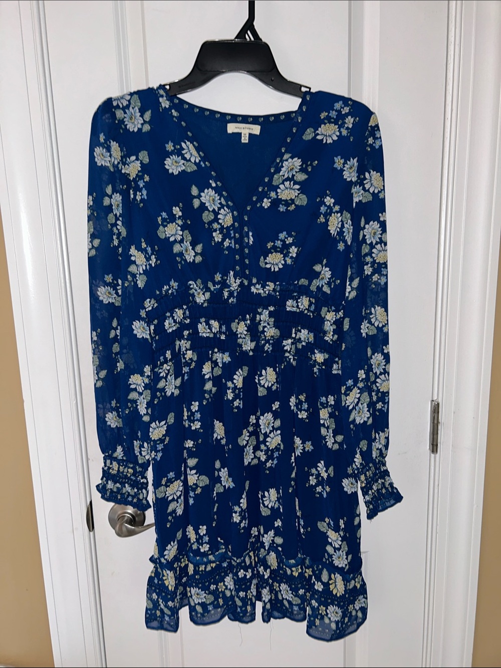 Max Studio Royal Blue Floral V-Neck Long Sleeve Tunic